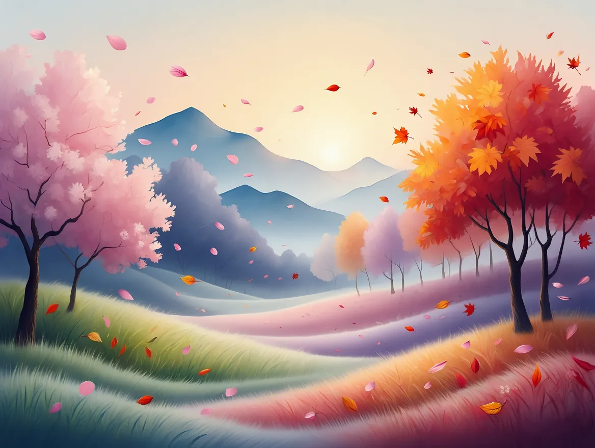 Abstract illustration of gentle seasonal transitions with flowing landscape elements